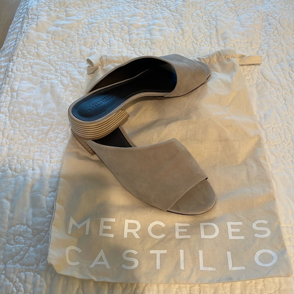 Mercedes Castillo slides, suede taupe, 1 inch heel, slightly worn, size 9 / 39.